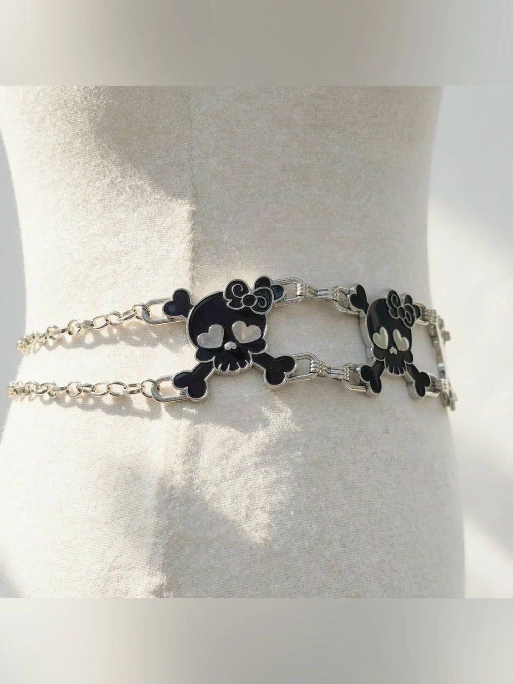 Y2K 2000s style Black and silver skull waist chain belt with hearts